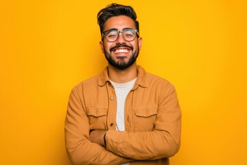 Fototapeta premium Smiling Man with Glasses in Front of Yellow Background. Generative AI.