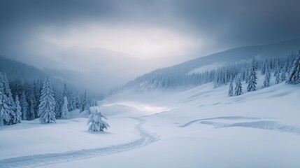 Obraz premium Snowy Morning Landscape with Frosty Trees