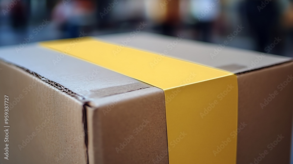 Poster A closeup of a cardboard box with a large yellow adhesive label : Generative AI