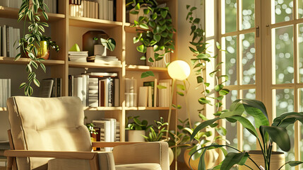 Cozy Home Office with Plants, Armchair, and Garden View Through Window