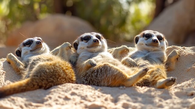 A group of cute meerkats Meerkat Family are sunbathing Meerkat Suricata suricatta : Generative AI - Powered by Adobe