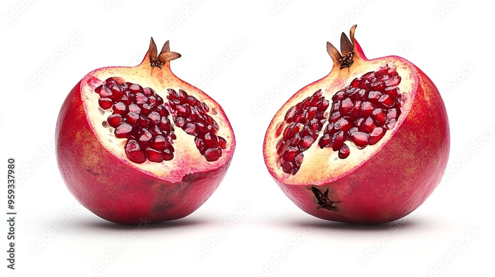 Poster pomegranate with cut in half isolated on white background : generative ai