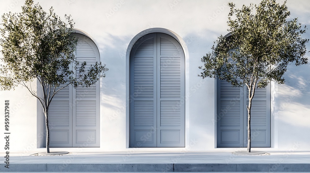 Poster closed gray arched shutters on a white facade concrete sidewalk and street in front background for c