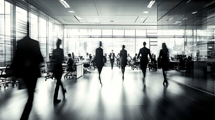 Blurred silhouettes of office workers walking through a modern office space.