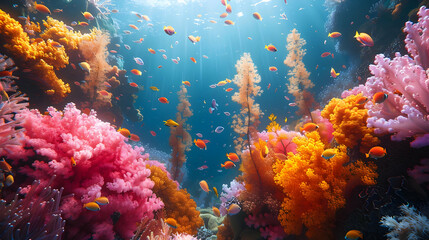 Naklejka premium Vibrant Coral Reef Underwater Scene with Colorful Fish - Photo