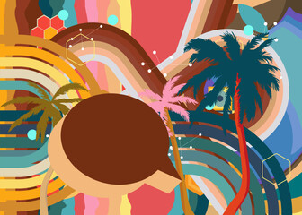 Retro 70s Background with Palm Tree and speech bubble. Groovy Tourist Resort 1970s art template. Minimalistic Vintage design poster. Old-fashioned color artwork. © Robert