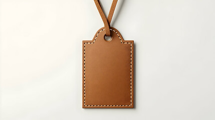 Brown leather tag with a white stitch and a hole on a white background.
