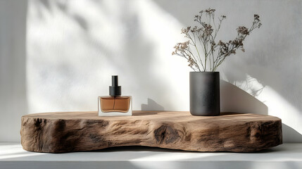 Brown perfume bottle and dried flowers in a vase on a wooden shelf.