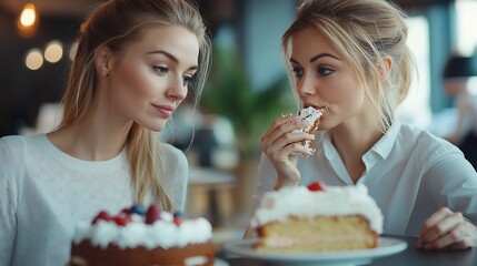 Two women eating cake in the office : Generative AI