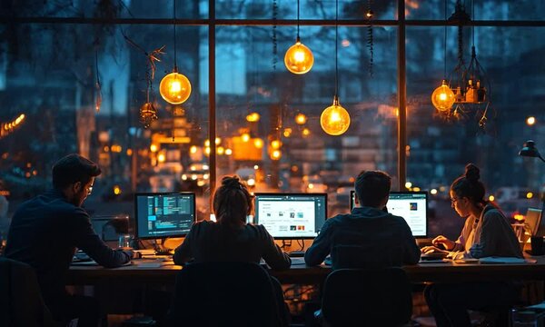 Four People Working Late at Night