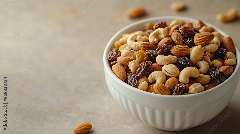 Poster the mix of various nuts and raisins in a white bowl on a beige background : generative ai