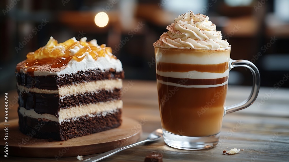 Aufkleber cup of a fresh caramel latte with whipped cream on the table and chocolate cake : generative ai