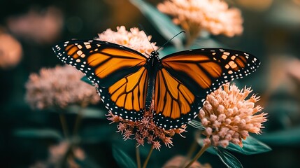 Fototapeta premium Monarch Butterfly A monarch butterflies on flower in Summer monarch butterfly collecting nectar from flower High quality photo : Generative AI