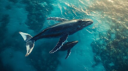 Naklejka premium Humpback whale and calf aerial drone shot sleeping on the surface of the ocean in Australia New South Wales : Generative AI