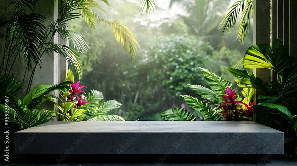 Aufkleber natural stone and concrete podium in tropical forest with flowers empty showcase for packaging produ