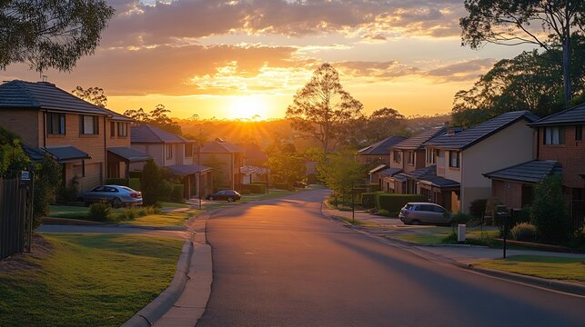 Suburban street corner with houses at sunset at Bella Vista Sydney Australia Typical upper middle class neighborhood in Australia A wide Australian street with residential houses on a  : Generative AI