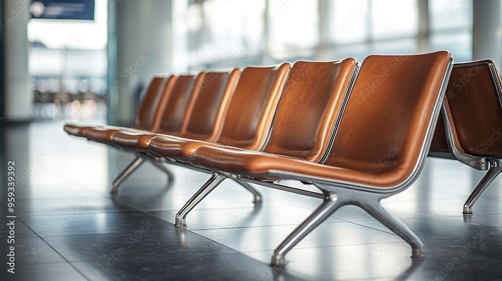 Poster empty airport waiting area with leather seats a row of leather seats in a waiting area at an airport