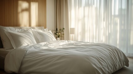 Interior of master bedroom with large bed and white sheets in contemporary apartment : Generative AI