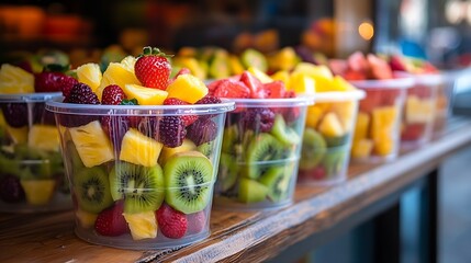 Fruit Salad arranged in plastic cups on a market Cut and ready fruit ready to sell in market Convenience healthy lifestyle Strawberries kiwi melon pineapple figs dragon in a plastic gl : Generative AI