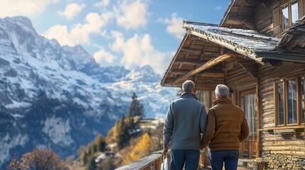 Fototapeta premium Aging couple checking into a mountain chalet, rustic design, scenic views outside selective focus, high-altitude retreat theme, realistic, Overlay, mountain vista backdrop