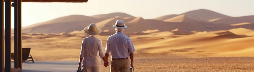Elderly couple checking into a desert resort, anticipation of a tranquil stay, vast landscape selective focus, arid adventure theme, whimsical, Overlay, desert dunes backdrop