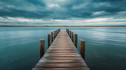 Fototapeta premium Empty wooden pier to the Ria de Aveiro in Portugal with dramatic sky and calm water Torreira Murtosa Portugal : Generative AI
