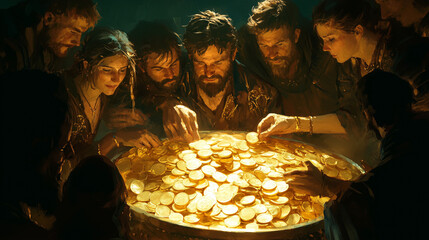 Group of Treasure Hunters Examining Gold Coins at Night