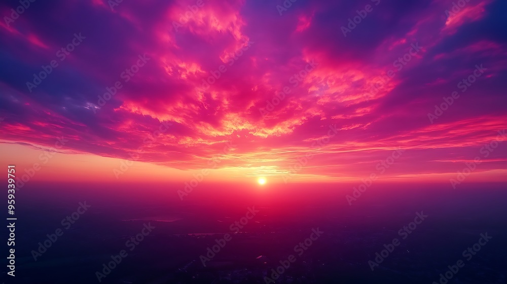 Aufkleber aerial panoramic view of colorful pink and red colored evening sky without obstacles in the front id