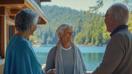 Seniors at a lakeside lodge, greeted by staff, peaceful waterside setting close up, tranquility theme, ethereal, Fusion, serene lake backdrop