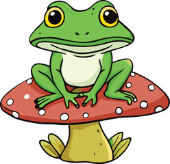 Hand drawn Cottagecore Aesthetic Goblincore Frog sitting on Mushroom, Cottage core style frog