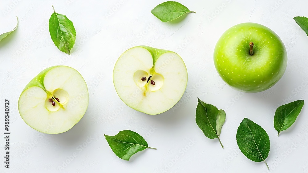 Poster Green apple and cut in half sliced with leaves isolated on white background top view flat lay : Generative AI