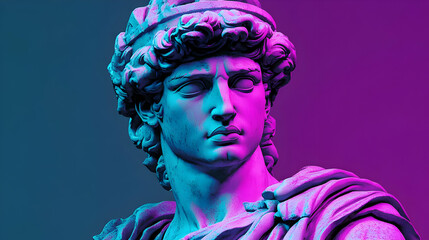 Close-up of a classical sculpture of a man with a crown, illuminated in blue and purple lighting.