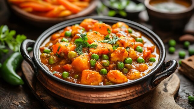 Mix vegetable curry  Indian main course recipe contains Carrots cauliflower green peas and beans baby corn capsicum and paneercottage cheese with traditional masala and curry selective : Generative AI