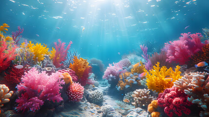 Naklejka premium Underwater Coral Reef Illustration with Sunbeams