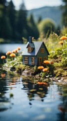 Fototapeta premium 川沿いに建つ洋風の家,Generative AI AI画像