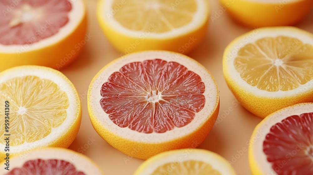Poster creative layout made of grapefruit orange fruit and lemon on the beige background food concept macro