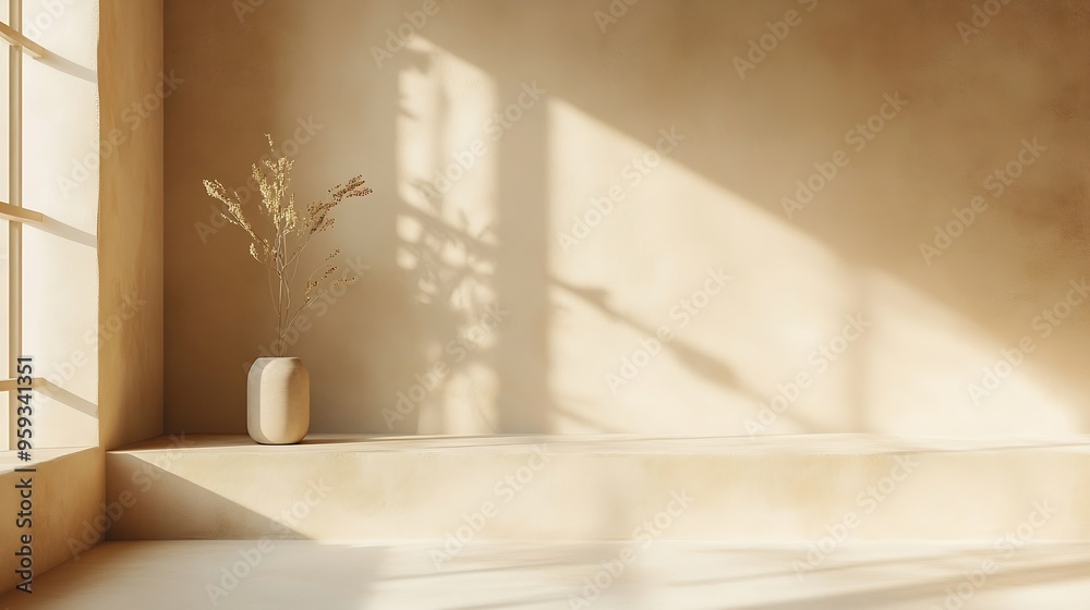 Aufkleber cosmetic beauty presentation background minimal abstract brown concrete background with light for product displayed shadow and light from windows on rustic plaster wall beige studio ba : Generative AI