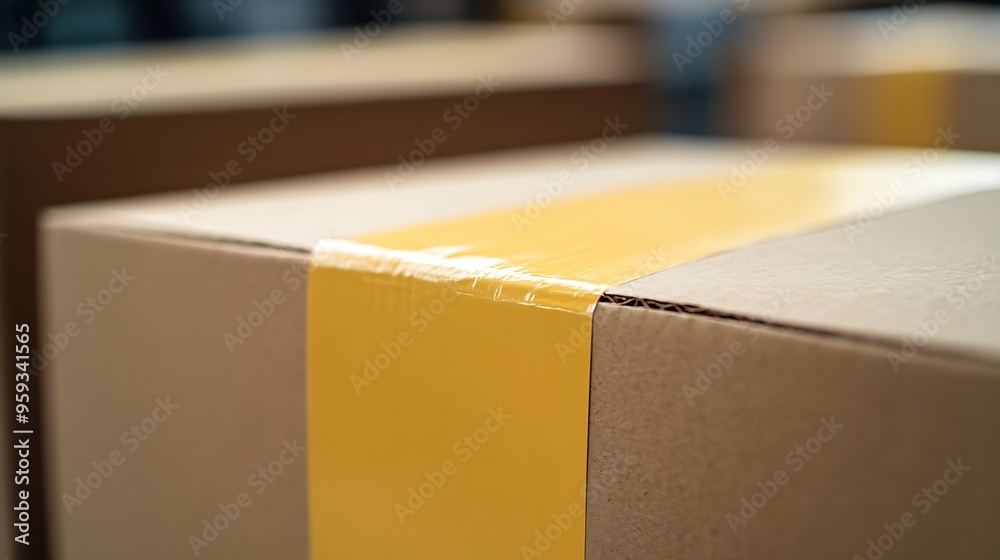 Poster a closeup of a cardboard box with a large yellow adhesive label : generative ai
