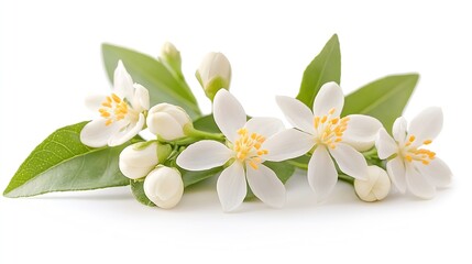 Fototapeta premium Neroli flowers and buds bunch isolated on white White bitter orange citrus blossom Fleur doranger bloom Orange tree fragrant flower Beautiful flor de azahar : Generative AI