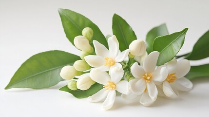 Obraz premium Neroli blossom flowers and buds isolated on white White bitter orange citrus flower bunch Fleur doranger bloom Orange tree fragrant flower Beautiful flor de azahar : Generative AI
