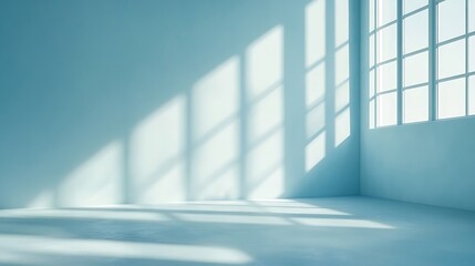 Minimalistic abstract light blue background with shadow and light from windows on the wall product presentation concept : Generative AI