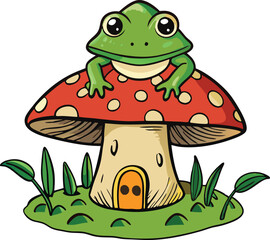 Hand drawn Cottagecore Aesthetic Goblincore Frog sitting on Mushroom, Cottage core style frog