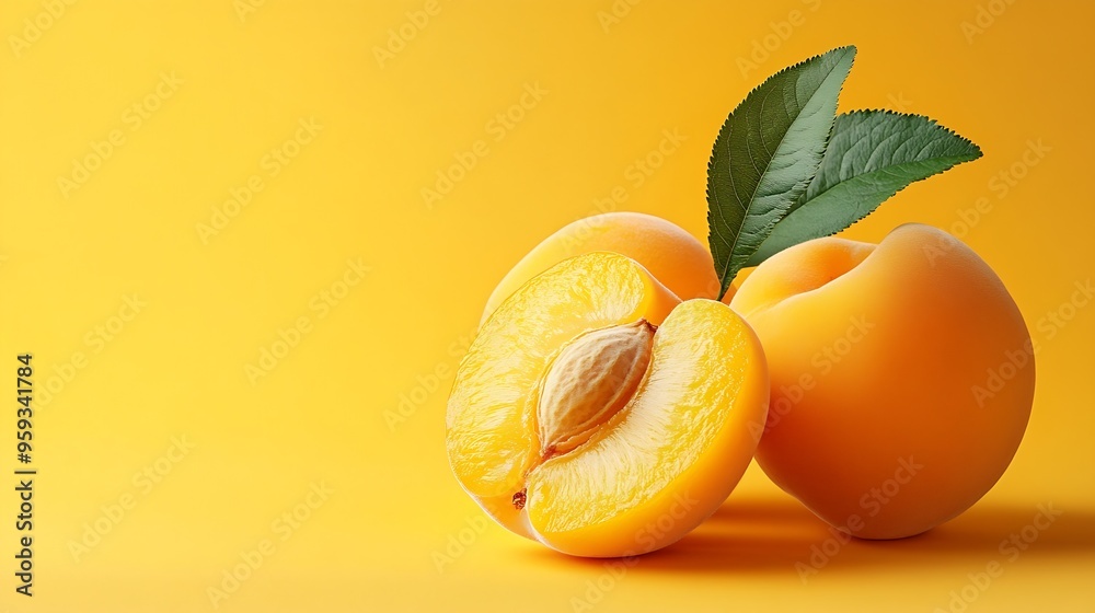 Poster Fly fresh ripe apricot with green leaf and slice isolated on orange color background Clipping Path Full depth of field : Generative AI
