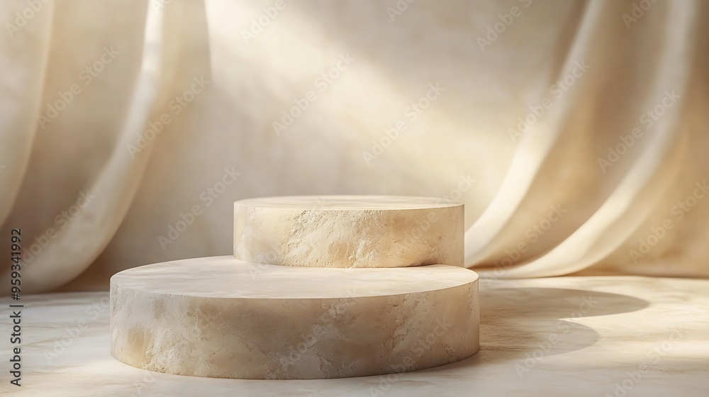 Aufkleber stone podium for promotion on beige background natural pedestal two stone podiums beauty product moc
