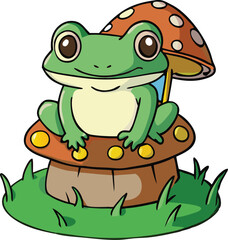 Hand drawn Cottagecore Aesthetic Goblincore Frog sitting on Mushroom, Cottage core style frog