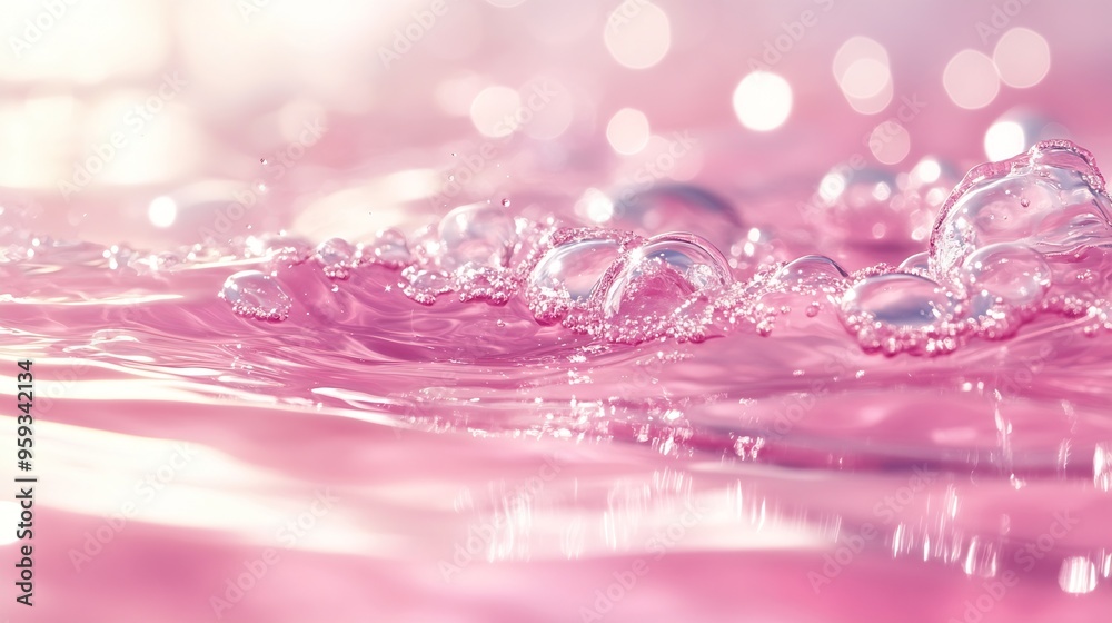 Poster Abstract summer banner background Transparent pink clear water surface texture with ripples splashes and bubbles Water waves in sunlight with copy space Cosmetics moisturizer micellar  : Generative AI