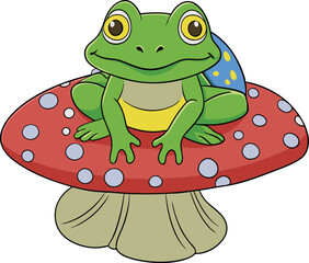 Hand drawn Cottagecore Aesthetic Goblincore Frog sitting on Mushroom, Cottage core style frog