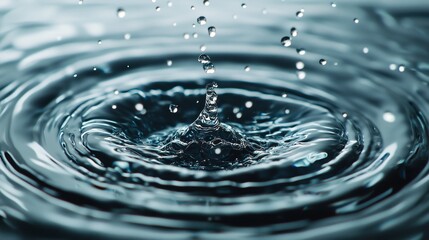 A top view of water drops splashing on a smooth glass surface, creating concentric ripples with soft reflections of light