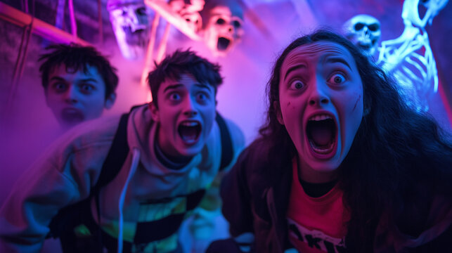 Friends Excited at Haunted Attraction on Halloween Night