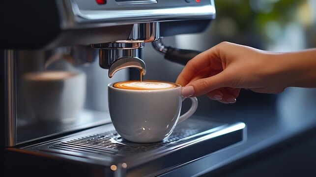 Woman preparing fresh cup of coffee with modern espresso machine Female hand pressing button on coffee machine : Generative AI - Powered by Adobe